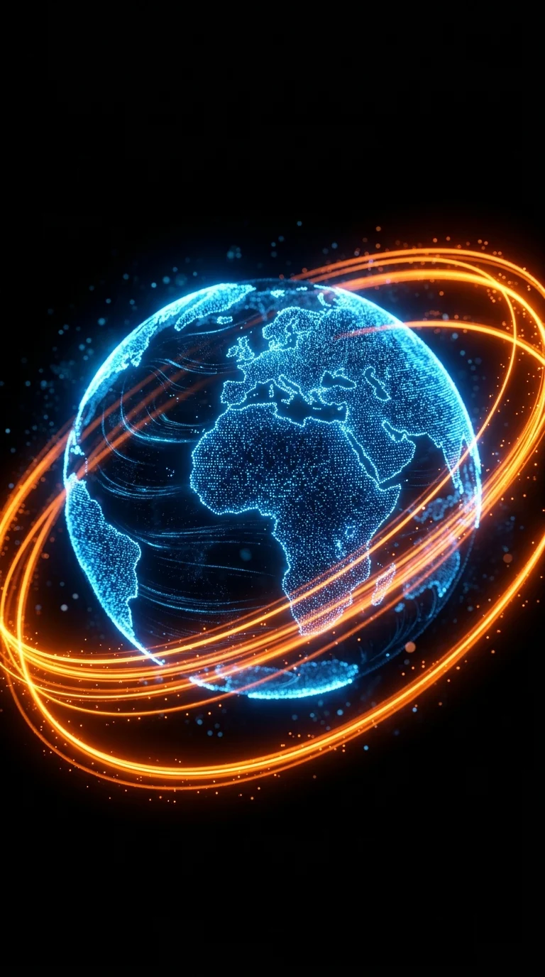 Download Blue Holographic Earth Globe with Orbital Particle Streams Wallpaper in 4K UHD Blue Holographic Earth Globe with Orbital Particle Streams - Free 8K and 4K mobile Wallpaper Background