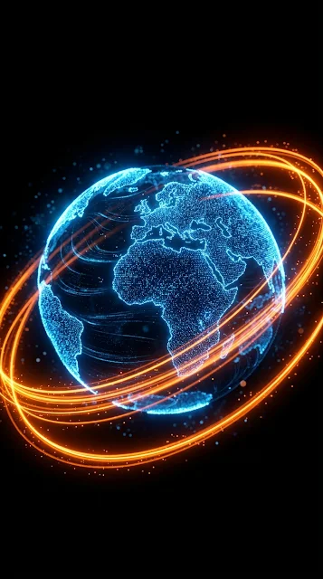 Blue Holographic Earth Globe with Orbital Particle Streams - Free 4K & 8K mobile Wallpaper