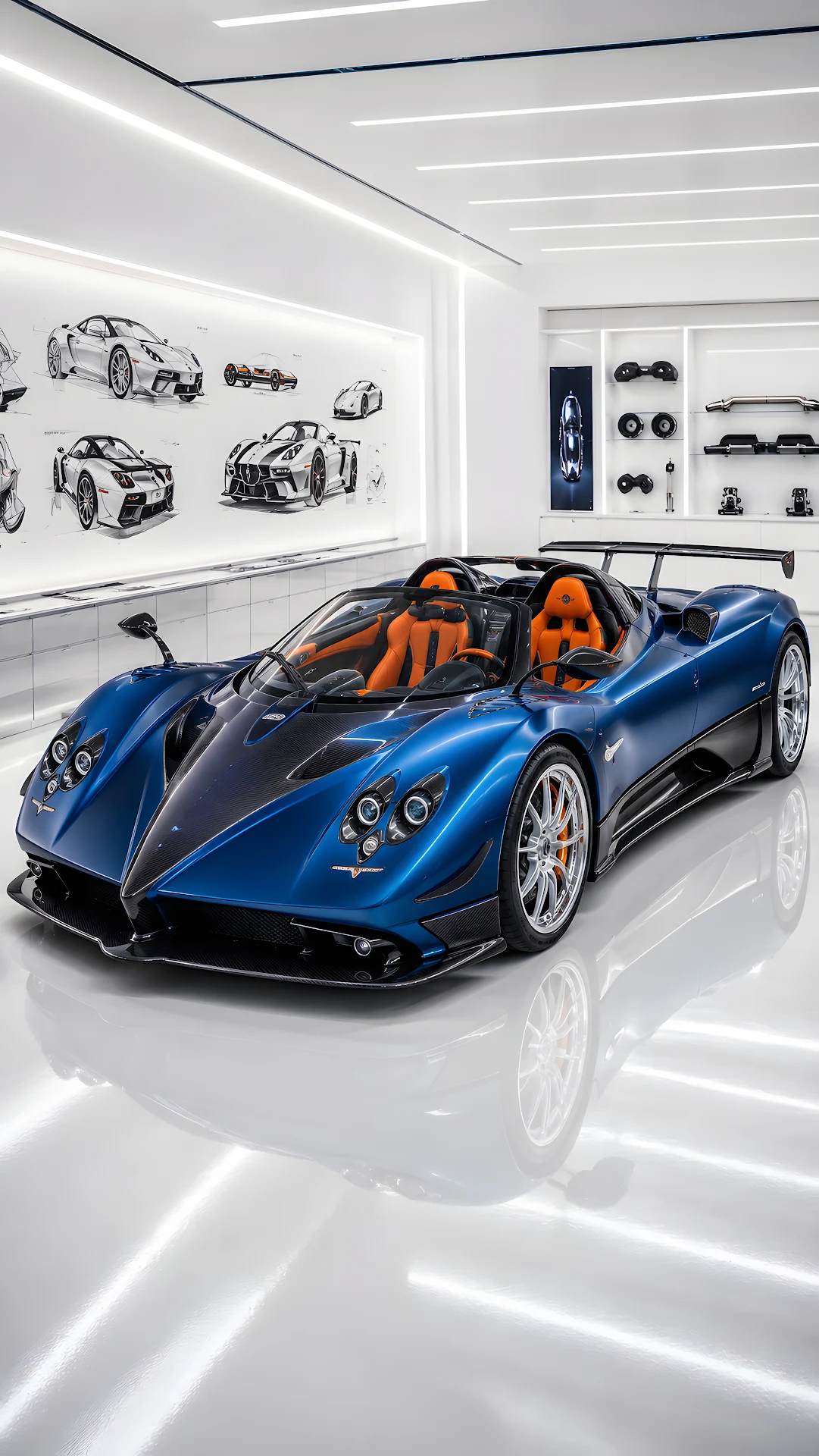 Blue luxury open top hypercar parked in white showroom - Free 4K mobile Wallpaper