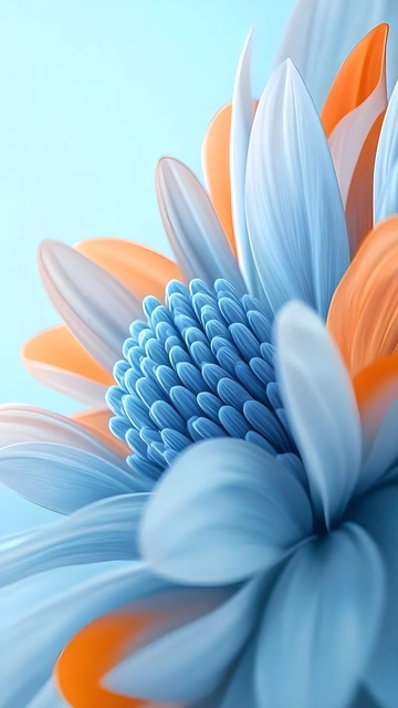 Macro shot of layered pastel blue and bright orange flower petals with detailed center.