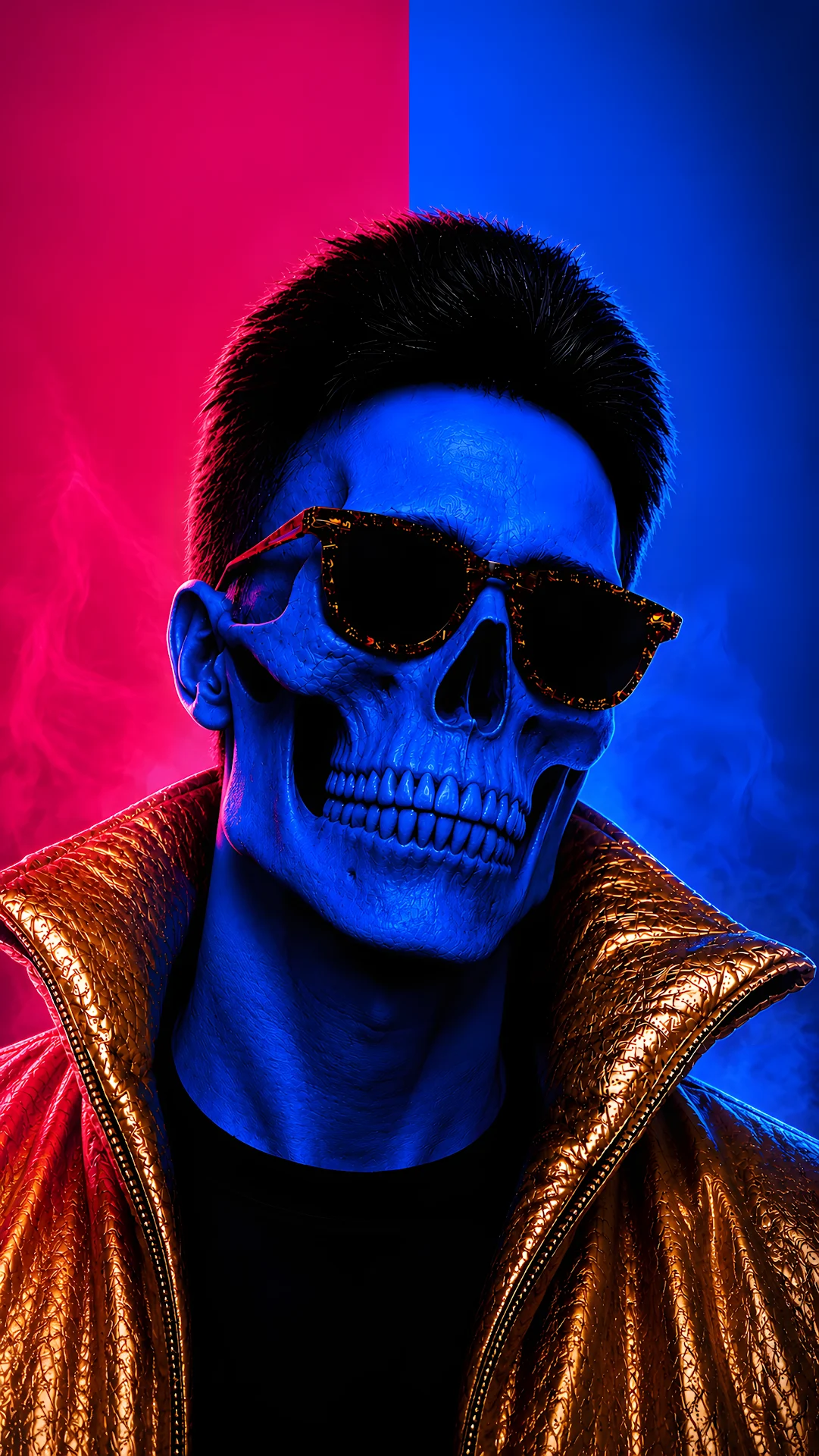 Blue skull character wearing dark sunglasses and a metallic gold puffer jacket - Free 4K mobile Wallpaper