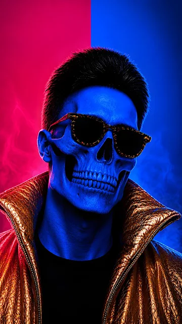 Vibrant 3D portrait of a neon blue skull with short dark hair wearing sunglasses and a high-collar metallic gold puffer coat.