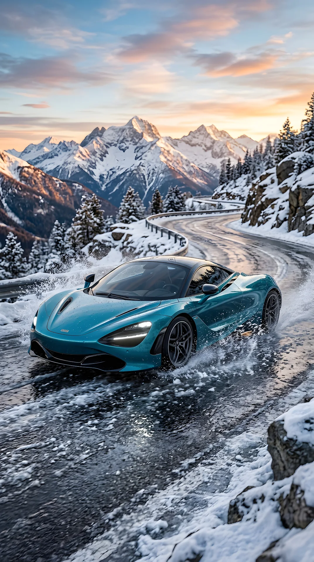 Blue Sports Car Splashing Through Icy Mountain Water at Sunrise - Free 4K mobile Wallpaper