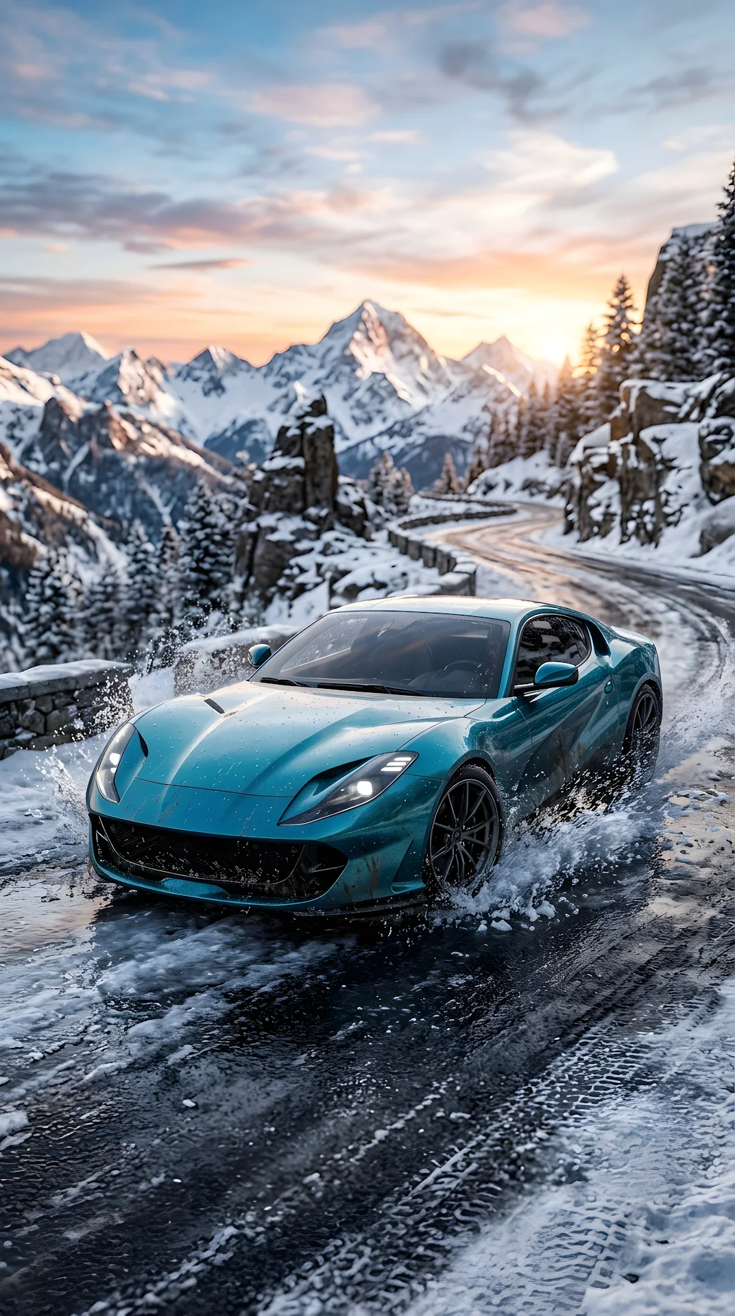 Blue Sports Car Splashing Through Icy Mountain Water at Sunrise - Free 4K mobile Wallpaper