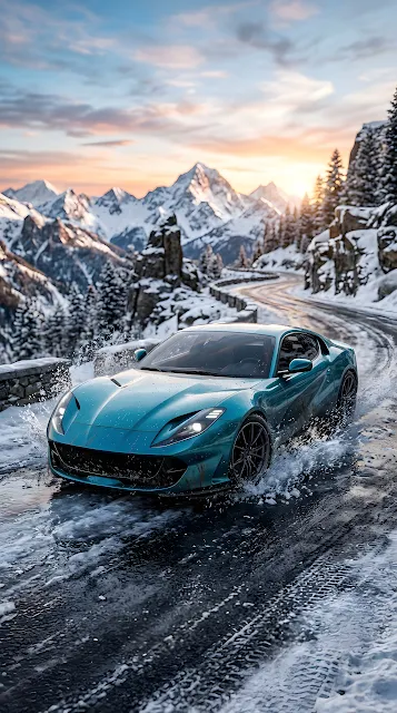 Blue Sports Car Splashing Through Icy Mountain Water at Sunrise - Free mobile Wallpaper