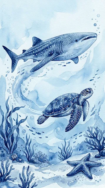 Blue Watercolor Illustration of Sea Creatures and Shells - Free 4K & 8K mobile Wallpaper
