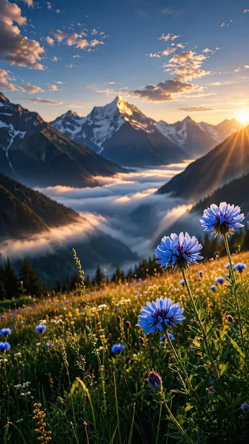 Close-up of bright blue wildflowers in a lush green mountain meadow with morning sunbeams breaking over snowy alpine peaks and valley fog.