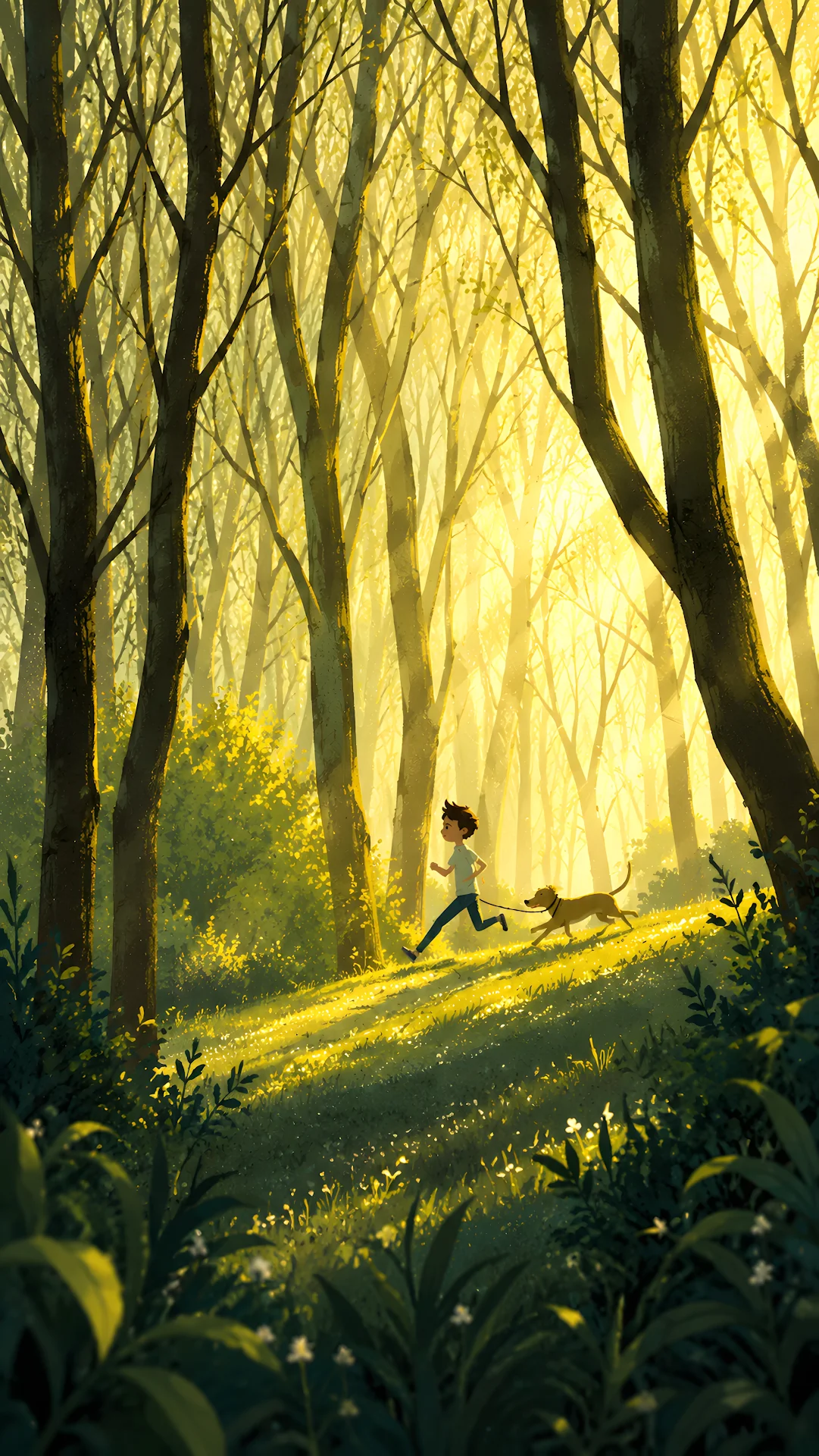 Boy jogging with his dog through a sunlit forest trail - Free 4K mobile Wallpaper