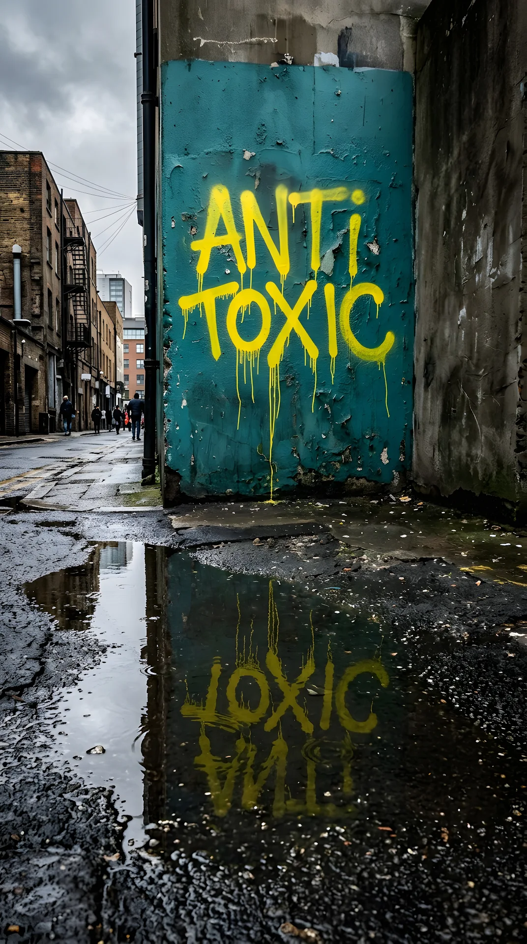 Bright Yellow 'Anti Toxic' Dripping Graffiti on a Weathered Blue Urban Wall - Free 4K mobile Wallpaper