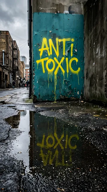 Bright Yellow 'Anti Toxic' Dripping Graffiti on a Weathered Blue Urban Wall - Free mobile Wallpaper