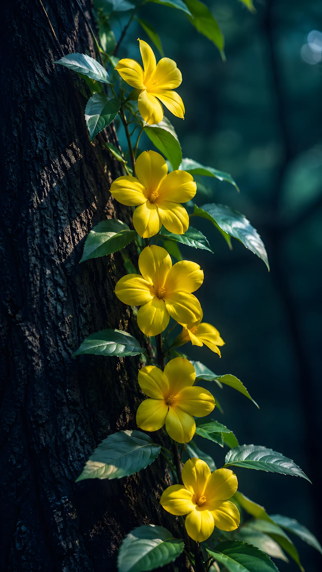 Bright yellow flowers growing along dark textured tree trunk - Free 4K mobile Wallpaper