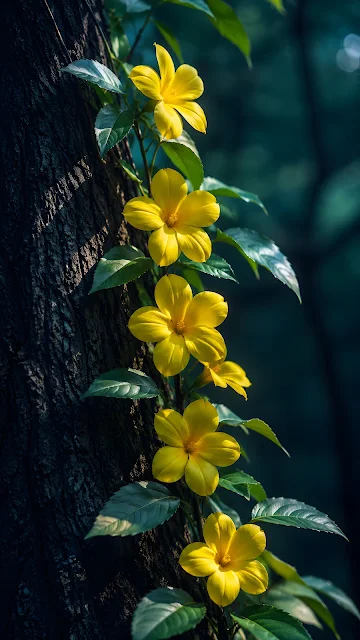 Vibrant yellow five-petal flowers growing vertically along a dark textured tree trunk in a moody forest setting.