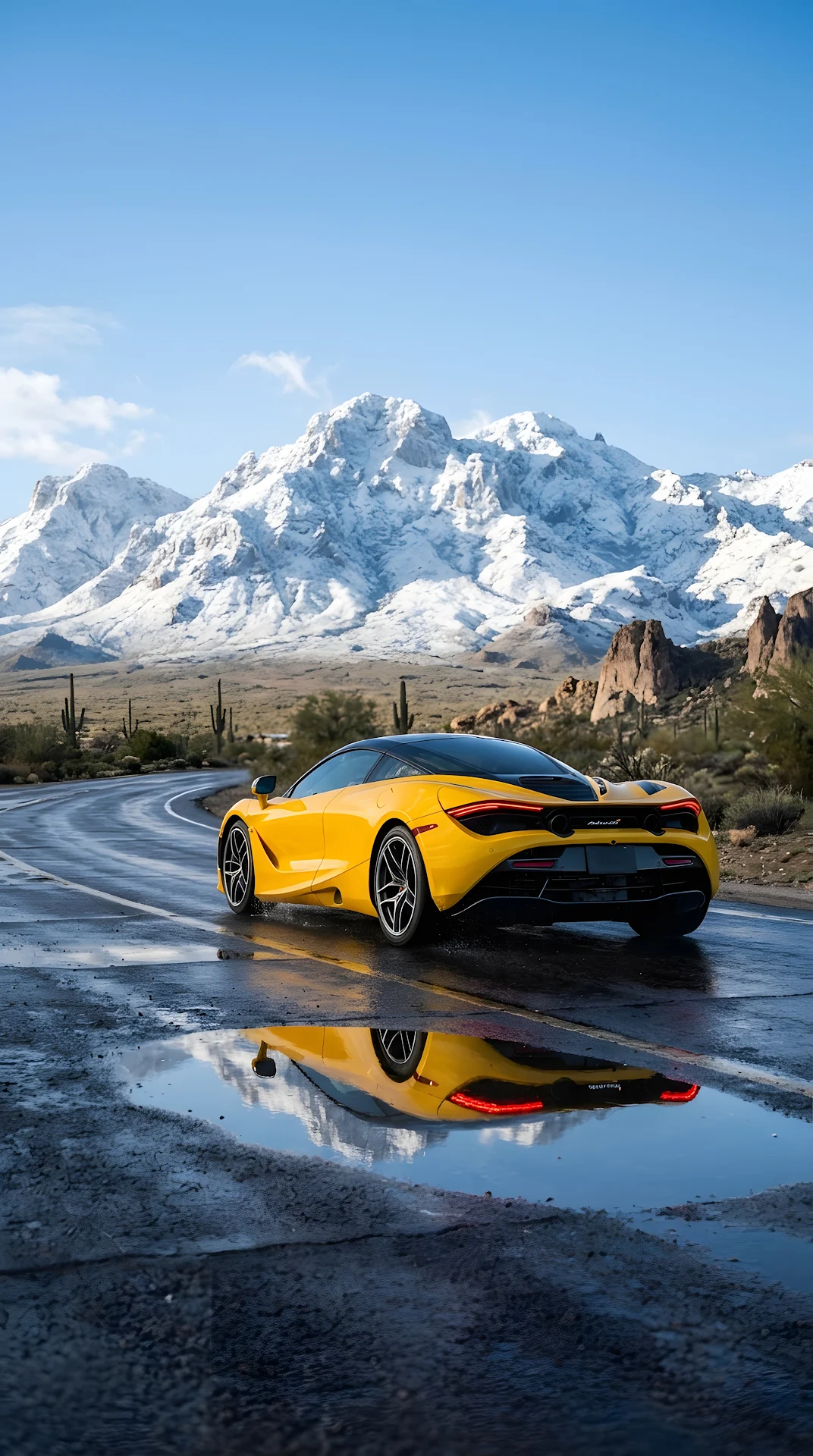 Bright Yellow Sports Car on Wet Road with Mountain Backdrop - Free 4K mobile Wallpaper