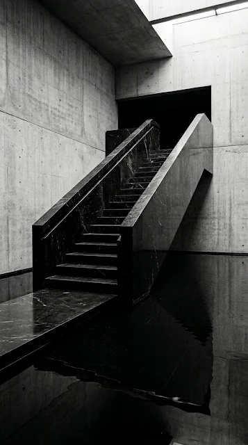 Brutalist Black Marble Staircase and Reflective Water Wallpaper - Free 4K & 8K mobile Wallpaper