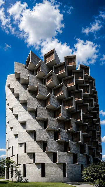 Curved concrete architectural building with repeating geometric protruding wooden balconies under a cloudy blue sky.