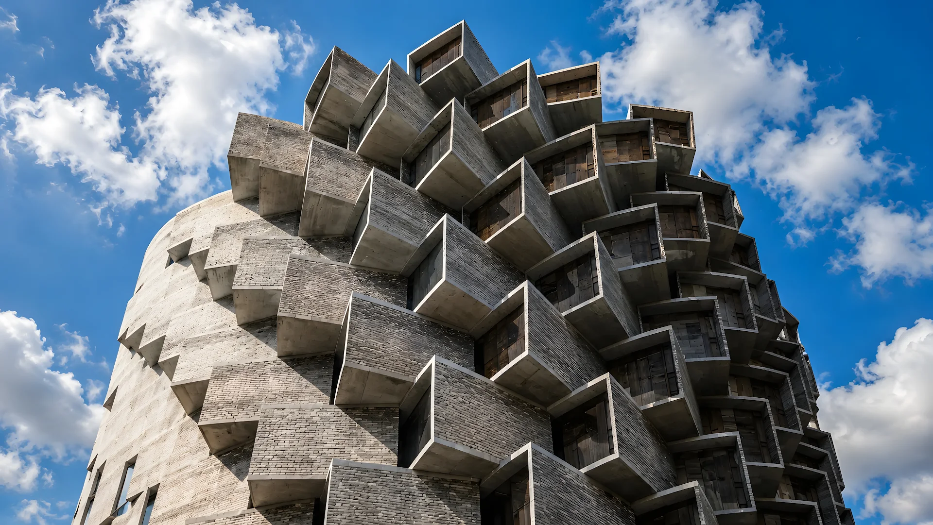 Brutalist concrete building with geometric box protrusions under blue sky - Free 4K desktop Wallpaper