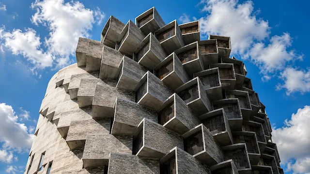 Low-angle photo of a grey brutalist concrete tower with repeating protruding cube windows under a blue sky.