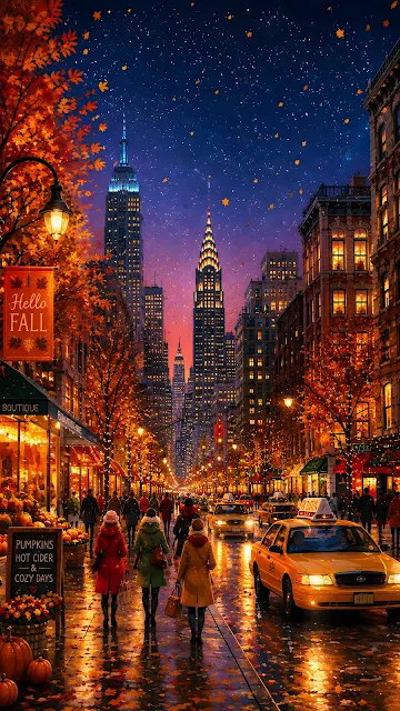 City street lined with autumn trees and yellow cabs with tall illuminated skyscrapers framed against starry evening sky.