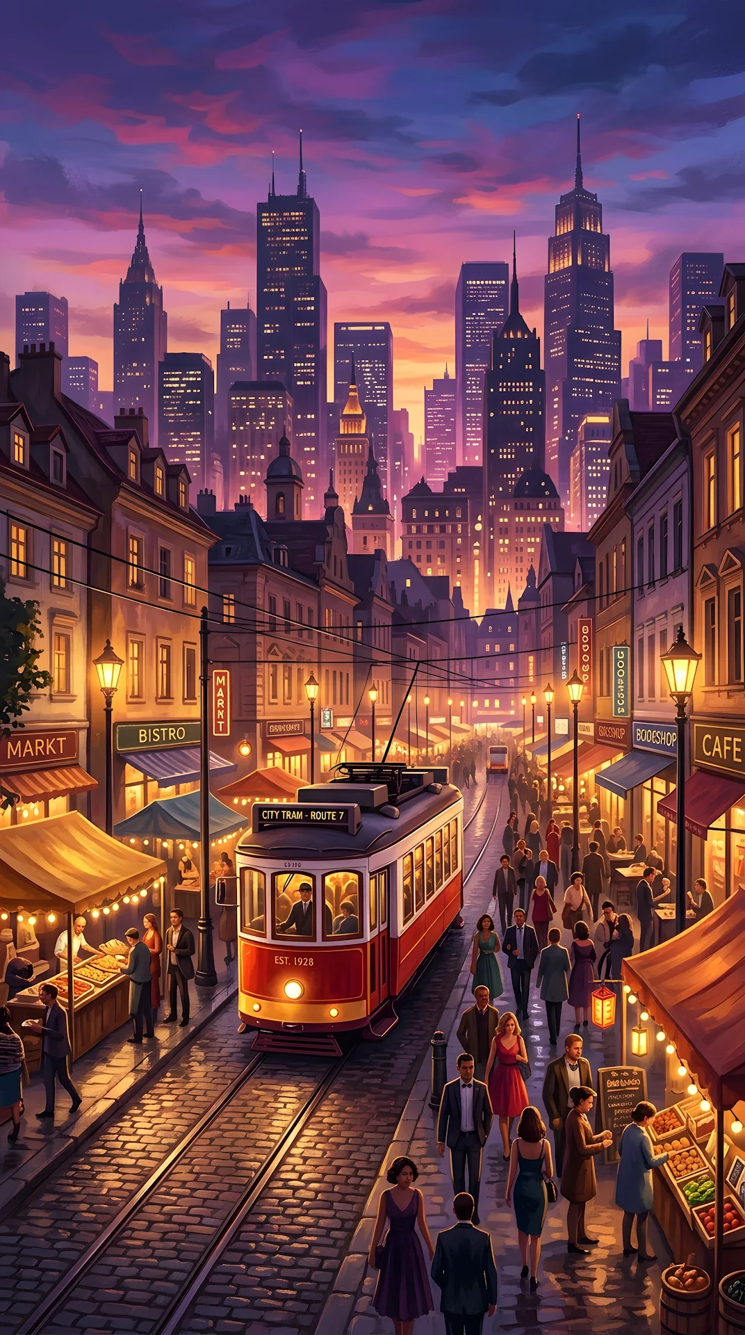 Bustling Cityscape at Dusk with Red Tram and Purple Sky - Free 4K mobile Wallpaper