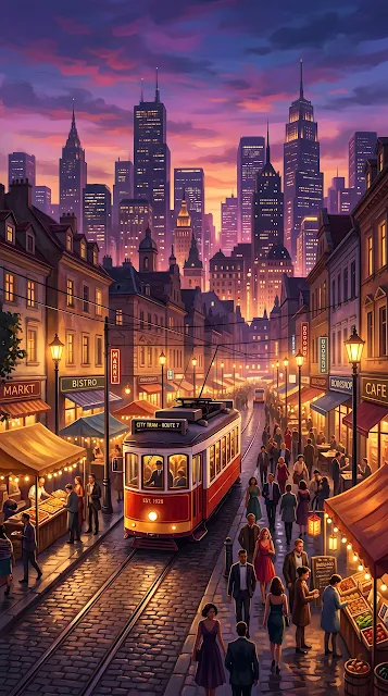 Bustling Cityscape at Dusk with Red Tram and Purple Sky - Free mobile Wallpaper