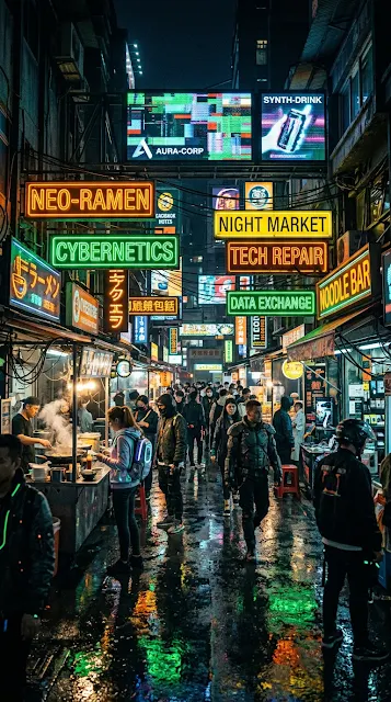 Bustling Futuristic Cyberpunk Marketplace at Night with Neon Signs - Free 4K & 8K mobile Wallpaper