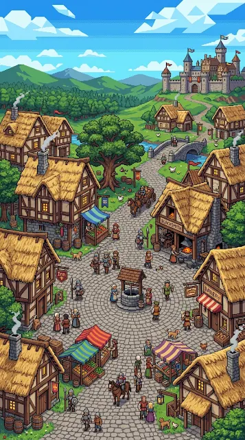Bustling Medieval Village Scene in Detailed Pixel Art Style - Free 4K & 8K mobile Wallpaper