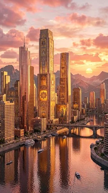 Byzantine and Modern Fusion Cityscape at Sunset with Golden River - Free 4K & 8K mobile Wallpaper