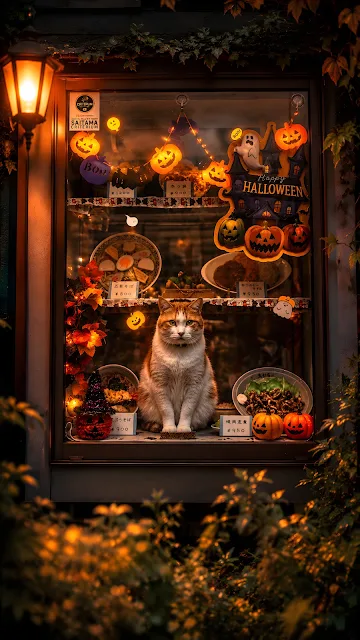 Calico cat sits centrally inside a store display window decorated with glowing Halloween lanterns and seasonal festive ornaments.