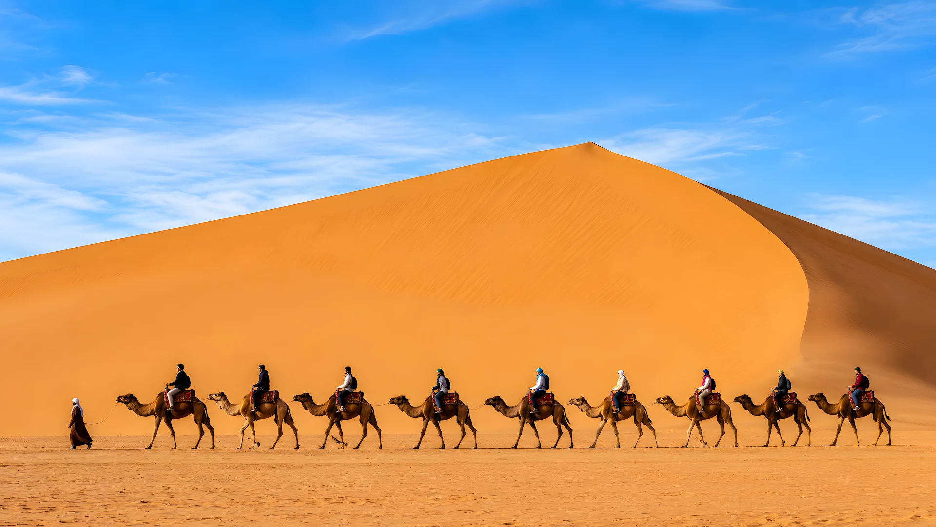 Camel caravan trekking along sandy desert dunes under blue sky - Free 4K desktop Wallpaper