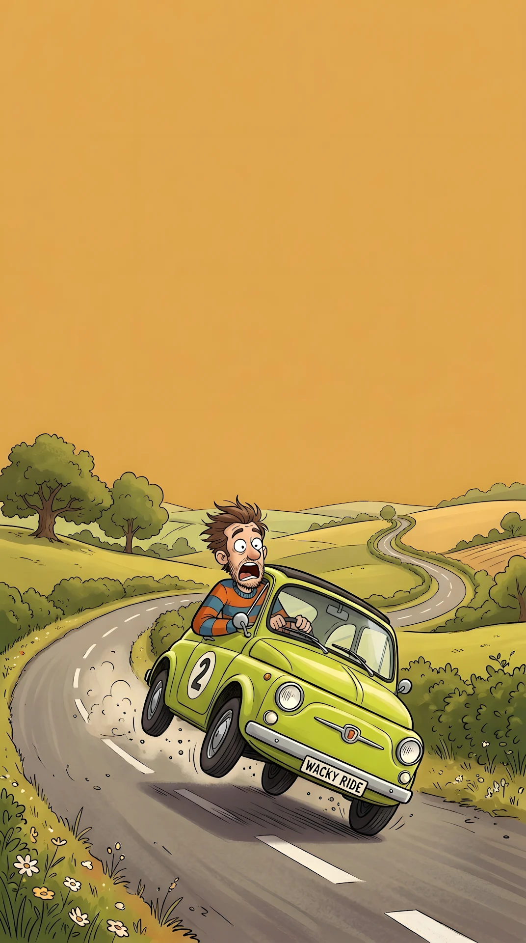 Cartoon Illustration of a Quirky Character Driving a Small Green Car - Free 4K mobile Wallpaper