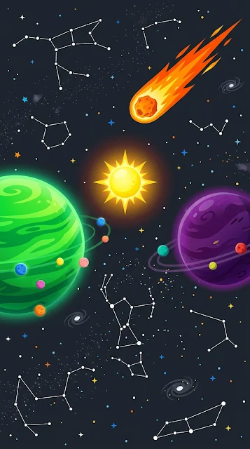 Cartoon Style Cosmic Scene with Colorful Planets and Star Constellations - Free 4K & 8K mobile Wallpaper