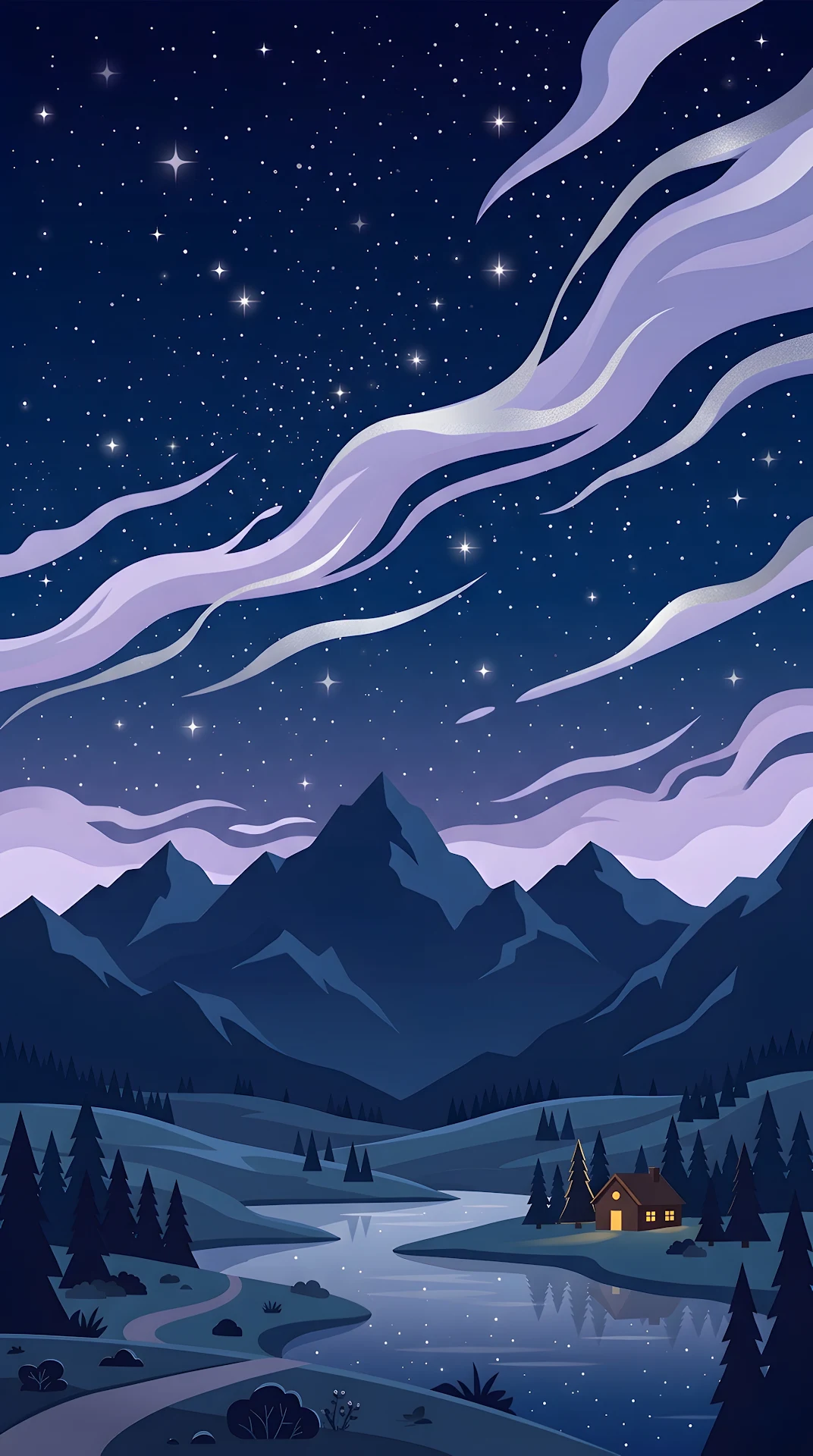 Cartoon Style Mountain Landscape Under a Starry Dark Blue Sky - Free 4K mobile Wallpaper