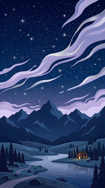 Cartoon Style Mountain Landscape Under a Starry Dark Blue Sky - Free mobile Wallpaper
