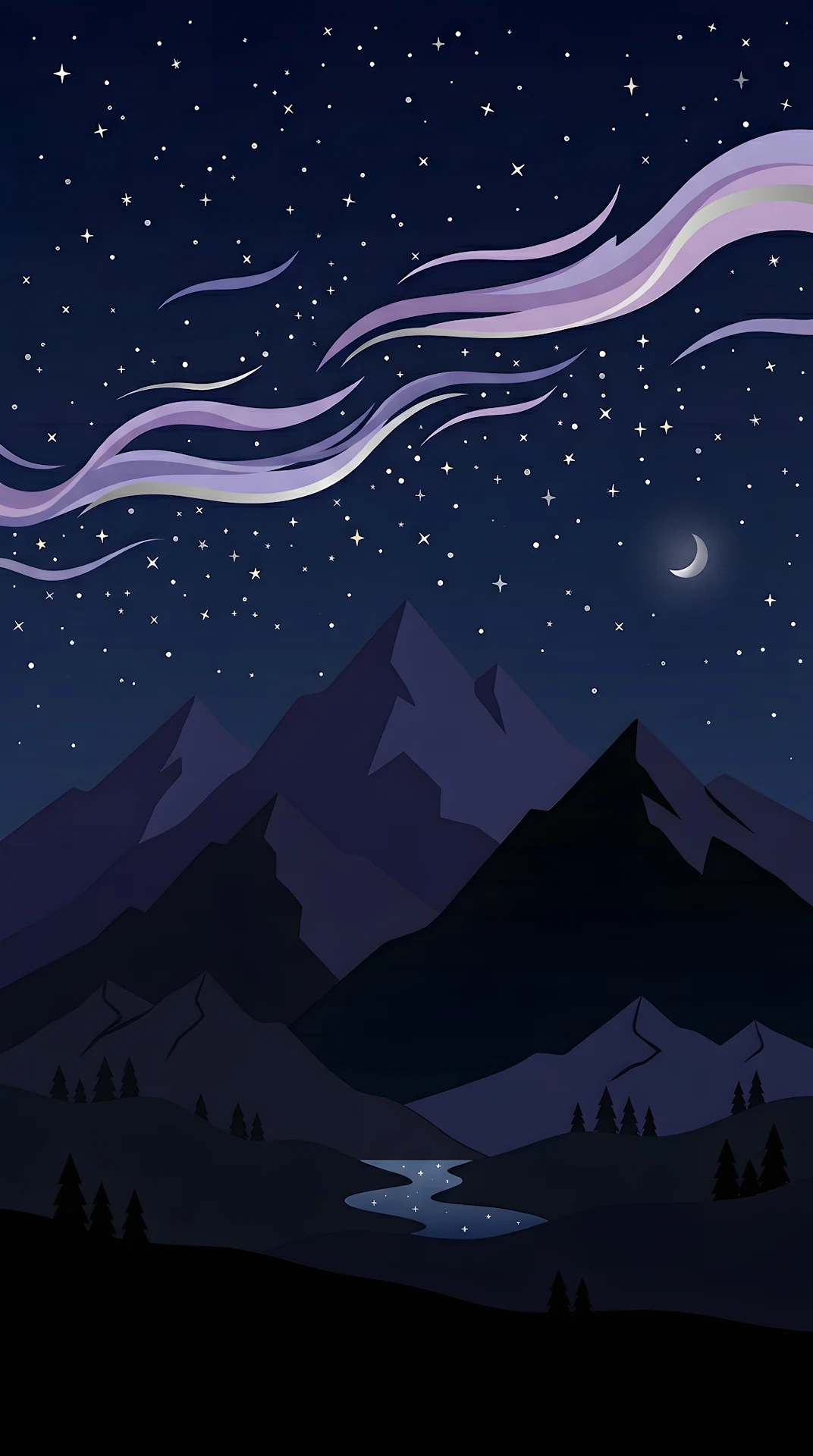 Cartoon Style Serene Mountain Landscape Under Starry Night Sky - Free 4K mobile Wallpaper