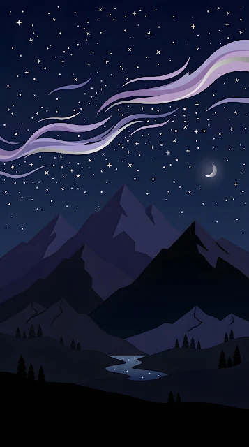 Cartoon Style Serene Mountain Landscape Under Starry Night Sky - Free mobile Wallpaper