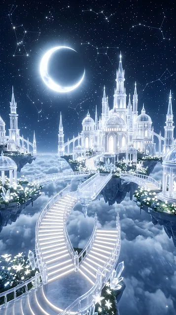 Celestial City in the Clouds with Translucent Crystal Spires - Free mobile Wallpaper