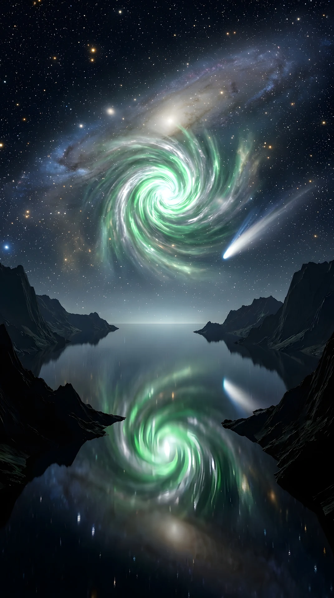 Celestial Fantasy Landscape with Radiant Green Quasar - Free 4K mobile Wallpaper