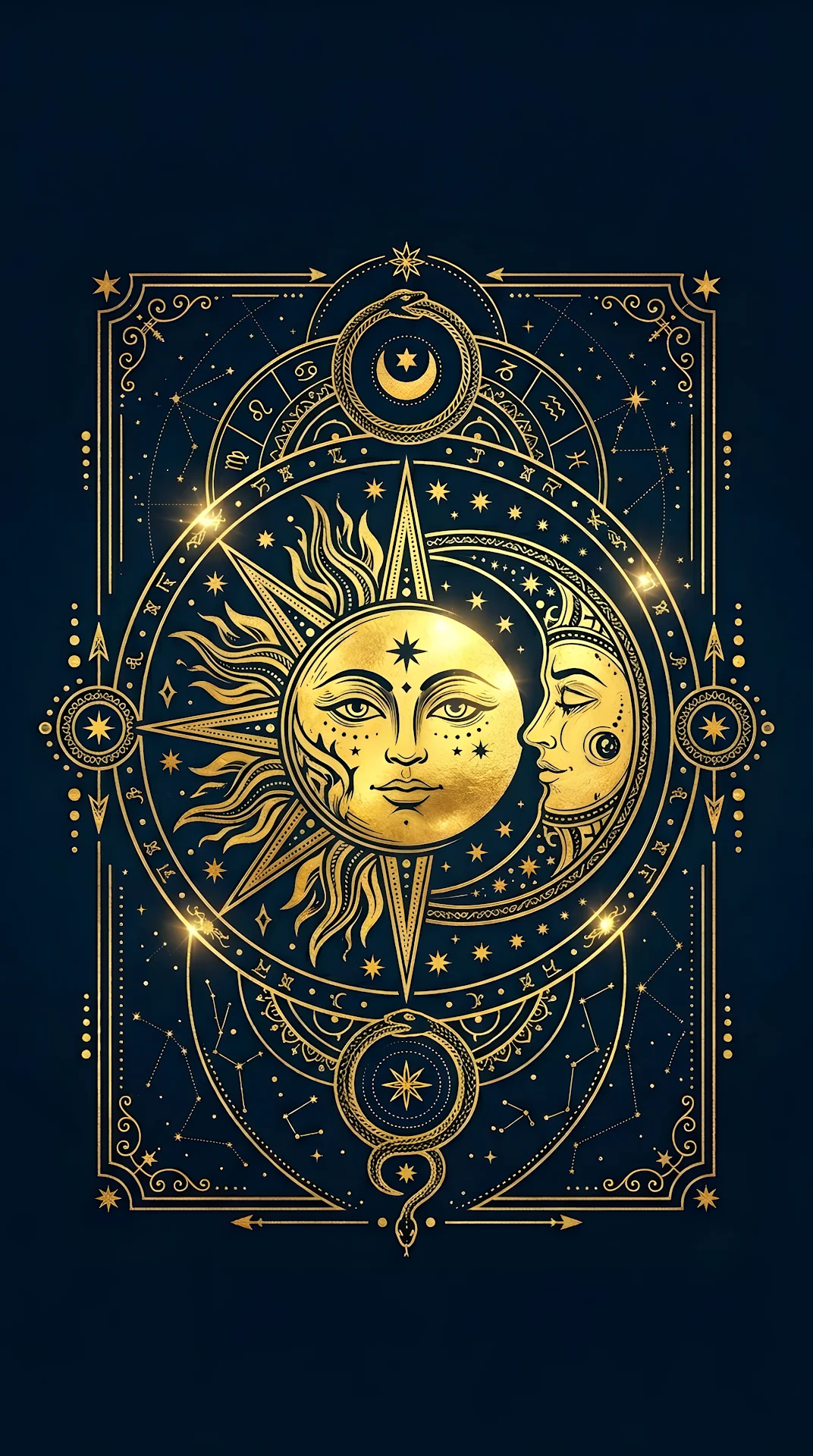 Celestial Gold Sun Moon Tarot Style Wallpaper - Free 4K mobile Wallpaper