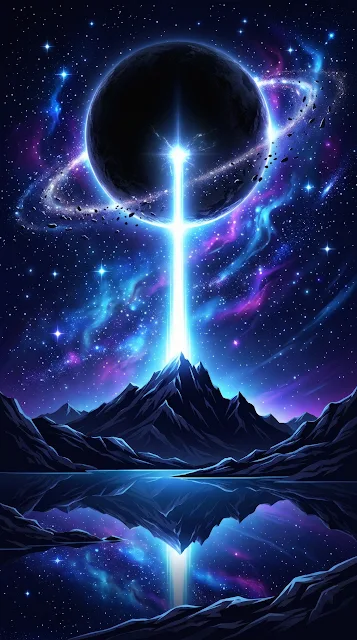 Vertical ray of brilliant celestial light connecting a ringed planet in space down to a sharp mountain peak reflected in water.