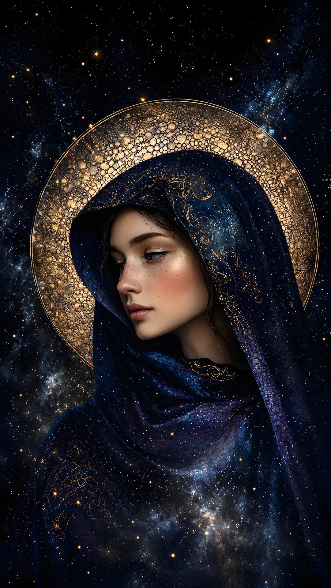 Celestial woman portrait in a galaxy hood with a golden mosaic halo - Free 4K mobile Wallpaper