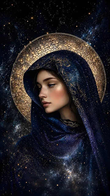 Serene young woman wearing a starry midnight blue hood framed by a glowing golden mosaic halo against a starry space background.