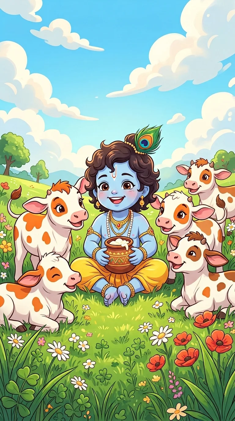 Download Charming Cartoon Baby Krishna with Calves in Sunny Meadow Wallpaper in 4K UHD Charming Cartoon Baby Krishna with Calves in Sunny Meadow - Free 8K and 4K mobile Wallpaper Background