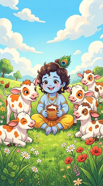 Charming Cartoon Baby Krishna with Calves in Sunny Meadow - Free 4K & 8K mobile Wallpaper
