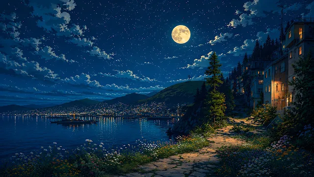 Detailed pixel illustration of a European coastal town illuminated by a full moon and warm window lights beside calm water.