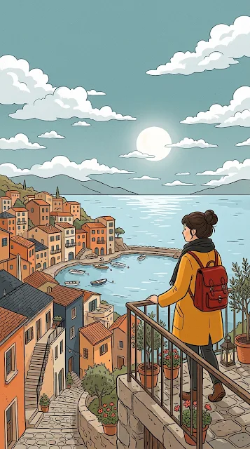 Charming Hand Drawn Illustration of Traveler Overlooking Coastal Town - Free 4K & 8K mobile Wallpaper