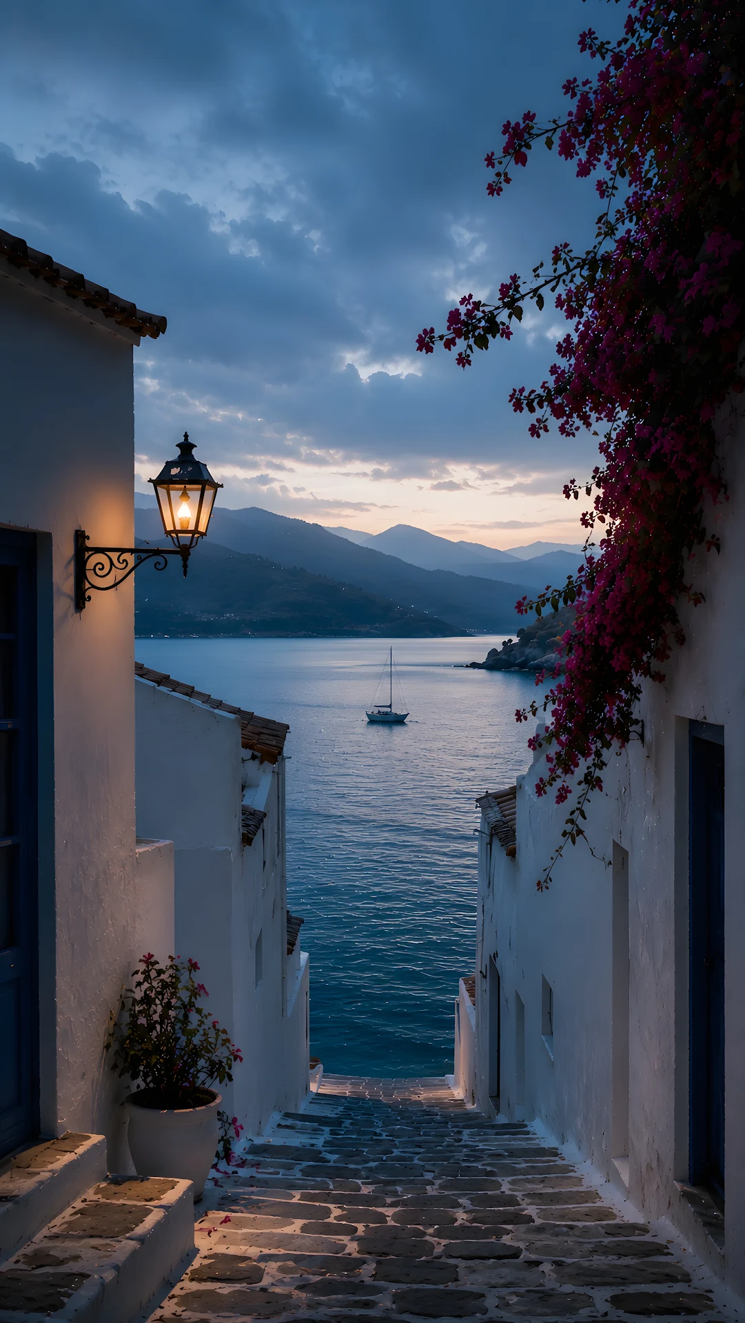 Charming Mediterranean Alley Leading to Sea with Sailboat at Twilight - Free 4K mobile Wallpaper