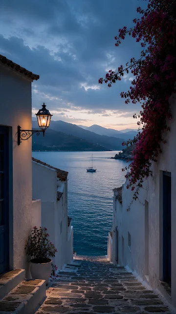 Cobblestone alley framed by white Mediterranean buildings looking out toward a calm sea with a lone sailboat under twilight sky.