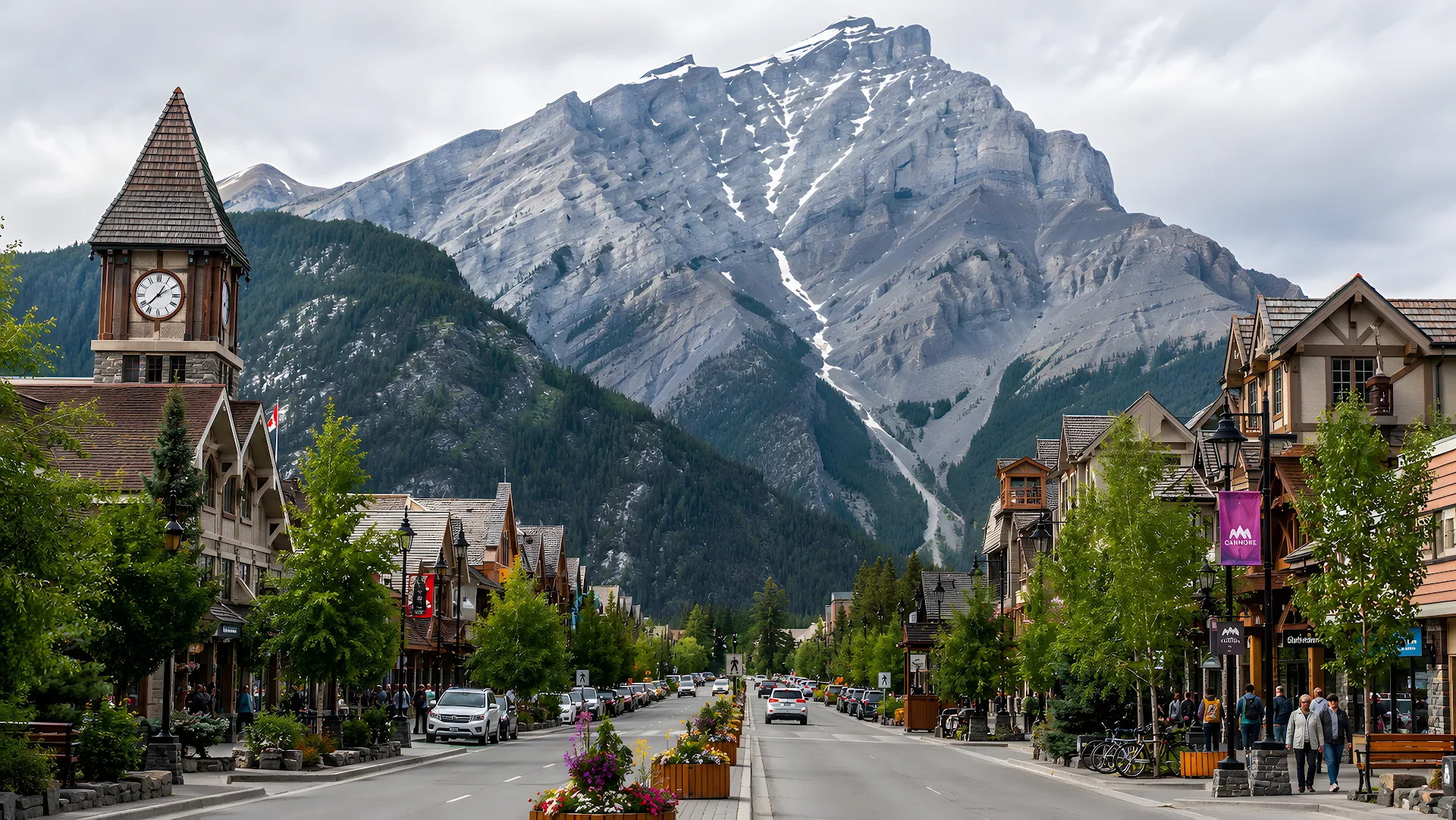 Charming mountain town street framed by a massive snow peak - Free 4K desktop Wallpaper