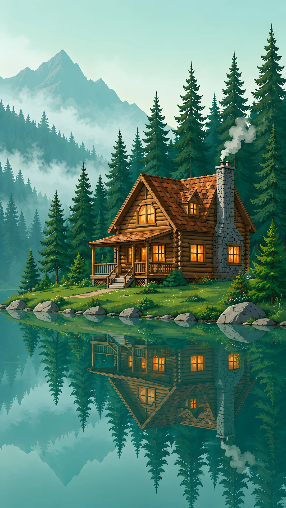 Charming wooden cabin with glowing windows by a calm lake - Free 4K mobile Wallpaper