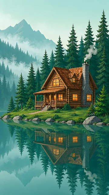 A cozy dark wood cabin with glowing warm windows nestled among tall pine trees at the edge of a calm, reflective lake under a misty sky.